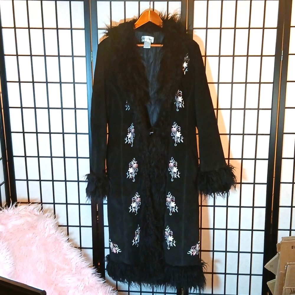 Newport News Suede long coat faux fur and embroidery accents black size 14 US